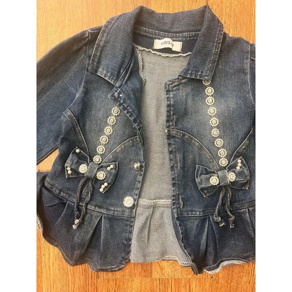 Peacolate Denim Jacket Rhinestone Buttons Ruffle Size 3-4 Girls Lightweight